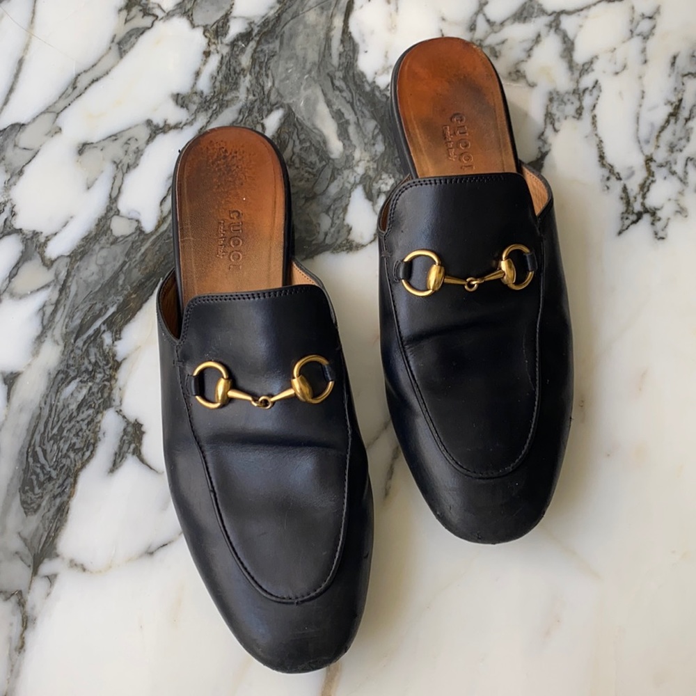 Gucci Black Leather Horsebit Mule Flats with Gold Hardware